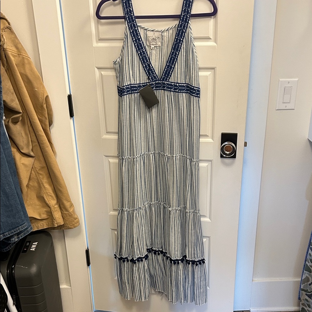 AREA Blue and White Striped Maxi Dress NWT